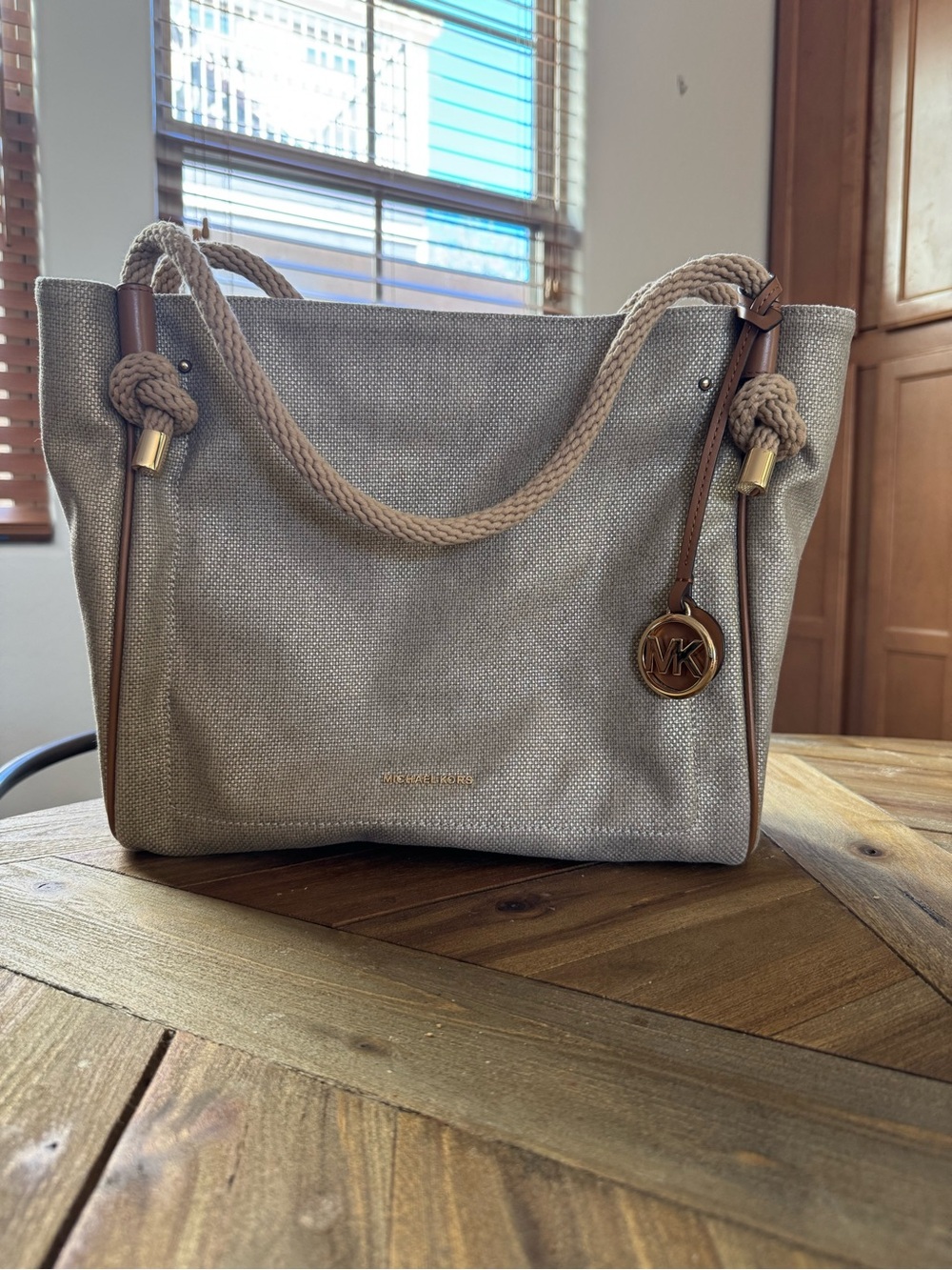 Michael Kors Light Beige Canvas Tote with Tan Leather Trim